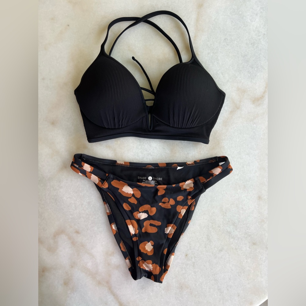 Shade & Shore Bikini Matching Set, Black Bikini Top Leopard Bottom